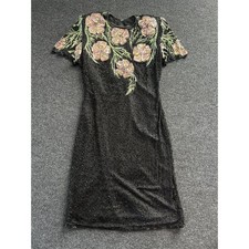 Scala Vintage Silk Beaded Floral Sequin Keyhole Back Cocktail Dress Black P/L