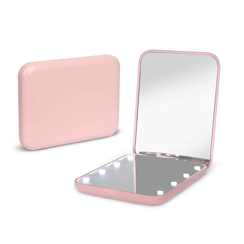 LED Compact Travel Pocket Makeup Mirror with Light 1X/3X Magnification Pink