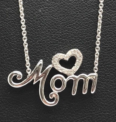 Sterling Silver 925 Diamond Heart Mom Word Love Elegant Pendant Necklace 18''
