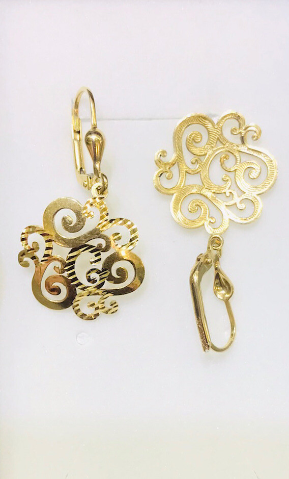 14K Solid Yellow Gold Dangle Lever Back Flower Ea… - image 2