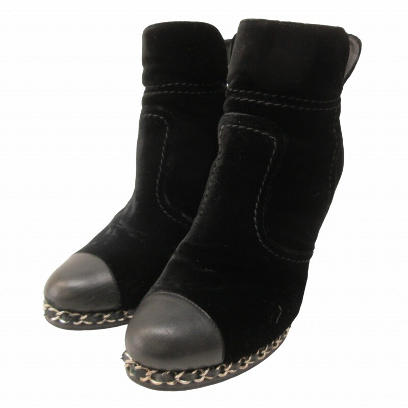 シャネルベルベットブーツ Boots】CHANEL Velvet Chain Short Boots Wedge Sole Switchable