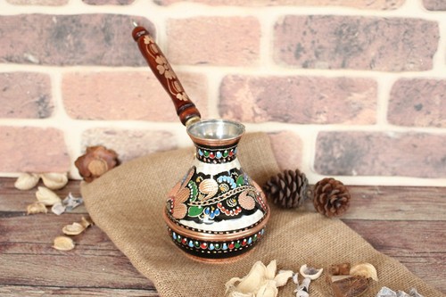 Turkish Handmade Russian Shape Copper Coffee Pot,Cezve Jezve,İbrik Enamel Carved - Picture 2 of 9