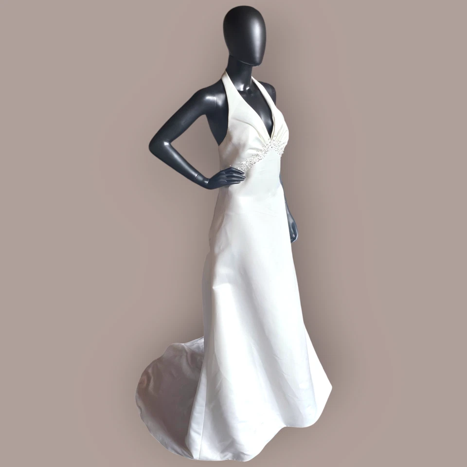 Soft Ivory Satin Halter Ruched Back Wedding Gown - Galina - Image 3 of 4
