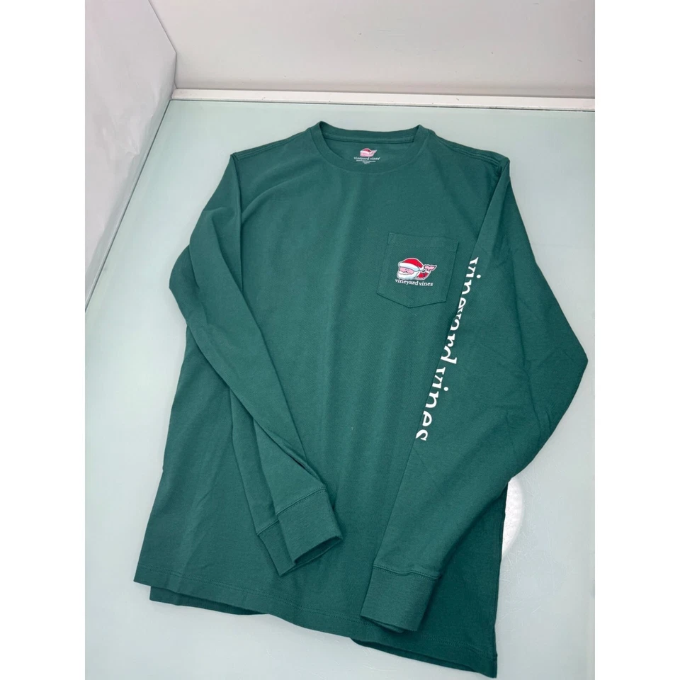 Vineyard Vines Boys Christmas T Shirt Green Santa Claus Long Sleeve Youth XL 18 - Image 3 of 4