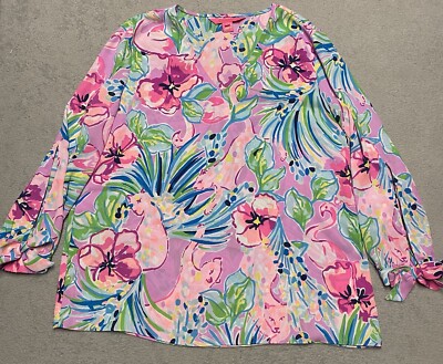 Lilly Pulitzer Pamala Top XS Pink Tie Sleeve Popover Flamingo Beach Tropical