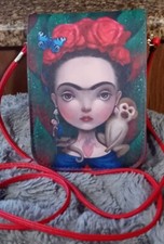 Bolso Bandolera Frida Kahlo Rojo Ilustrado Nuevo Sin Etiquetas Vinilo y Tela