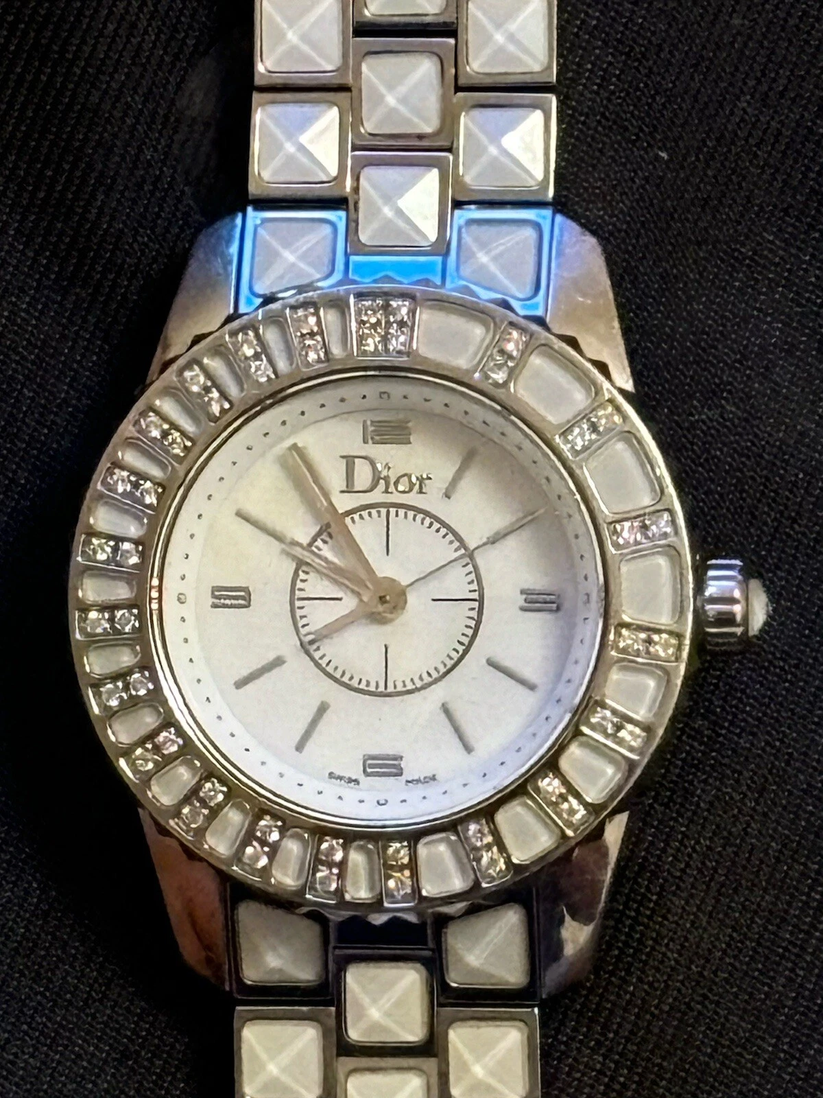 Bracelet Christian DIOR Christal quartz lunette diamant blanc saphir acier OCCASION