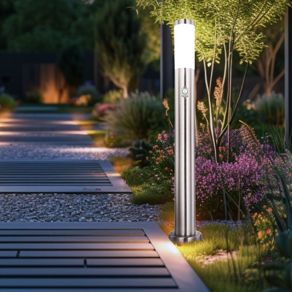 Edelstahl Steh Leuchte AußEn Bewegungsmelder Garten Terrassen Stand Lampe Silber-image