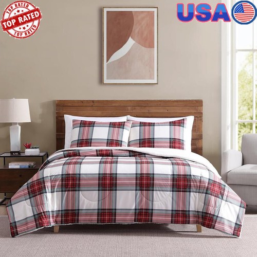 3pc Comforter Set Full Queen Red Tartain Plaid Reversible Flannel Sherpa Bedding