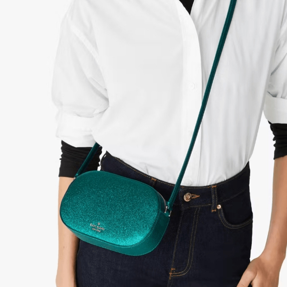 Kate Spade NWT Glimmer Oval Camera Bag Crossbody Teal Glitter Shimmer