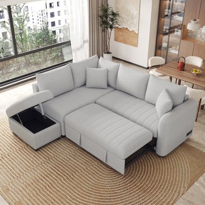 82.6'' L-shaped Sectional Pull Out Sofa Bed Sleeper Sofa with Two USB Ports, Two
