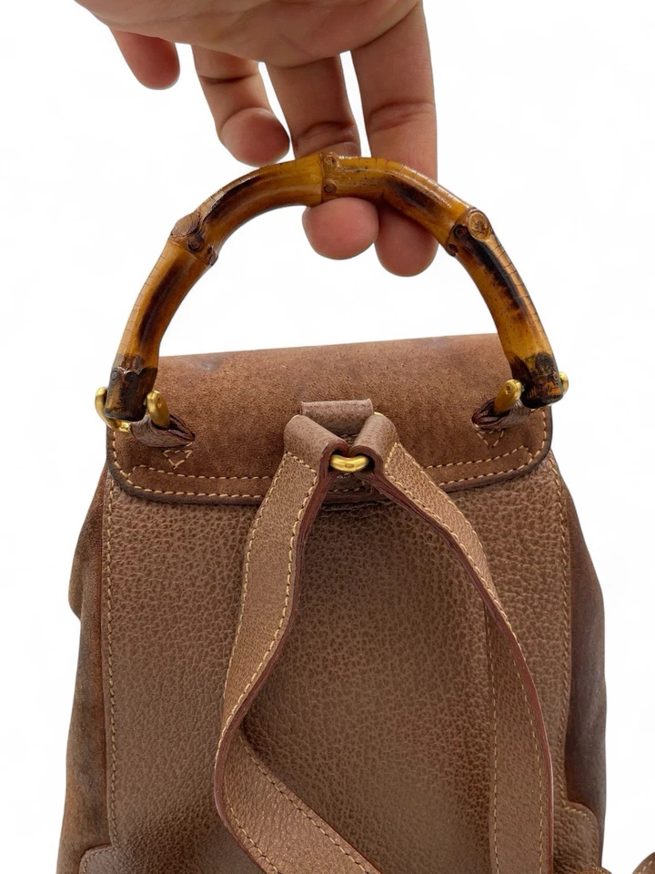 Vintage Gucci Suede & Grain Leather Bamboo Handle Mini Backpack/Purse - Image 4 of 4