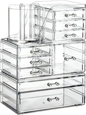 3 Tier Clear Acrylic Makeup Organizer Countertop with Brush Holder and 9