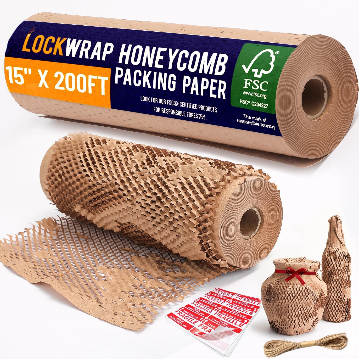 Honeycomb Packing Paper For Moving 12" x 200ft With Rope & Fragile Stickers