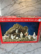 Vintage Christmas Nativity Set 11 Piece Porcelain With Wood Stable