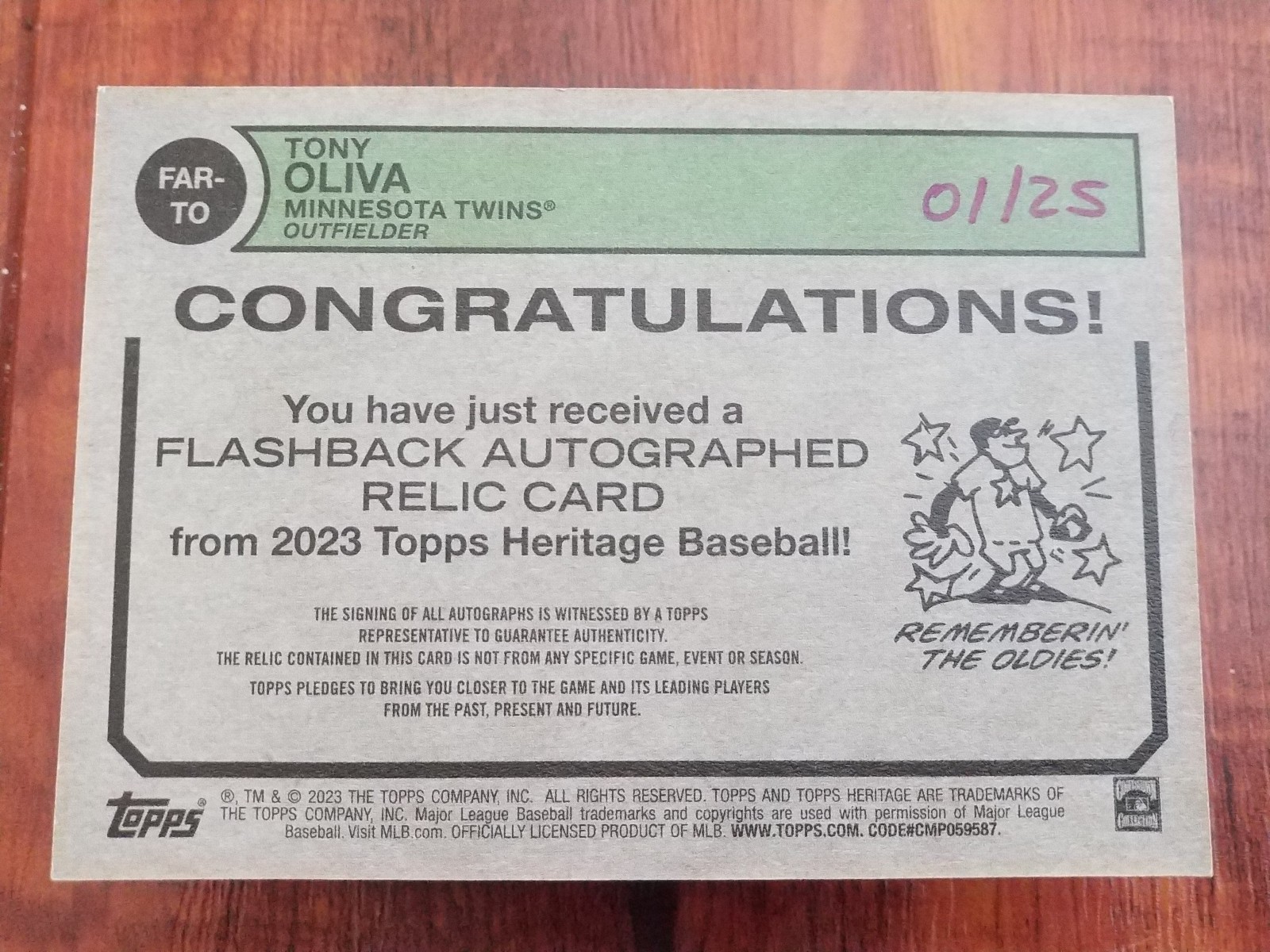 Tony Oliva 2023 Topps Heritage Flashbacks Game-Used Relic & Auto Card - #01/25 view 2