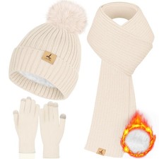 Women Winter Beanie Hat Scarf Gloves Set, Fleece Knitted Pompom Hat Warm Neck...