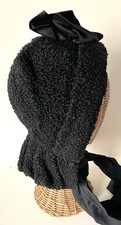 Antique Victorian Black Curly Wool Winter Hat Bonnet