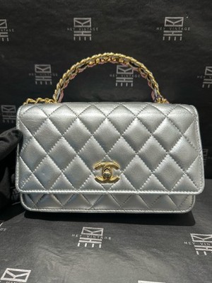 Chanel 23P Enamel Handle WOC 19cm Silver Metallic Lambskin 2Way Duty Paid
