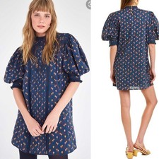 FarmRio Mini Dress Cashew Shift Lace Puff Sleeve Navy Womens Small NWOT $255