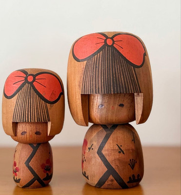 Kokeshi Doll Set Girl with Ribbon in Hair Approx. Height 11.5~15cm Vintage Rare
