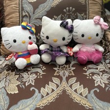Hello Kitty TY Plush Sanrio Purple Plaid Dress, Pink Tutu, Rainbow Beanie Babies