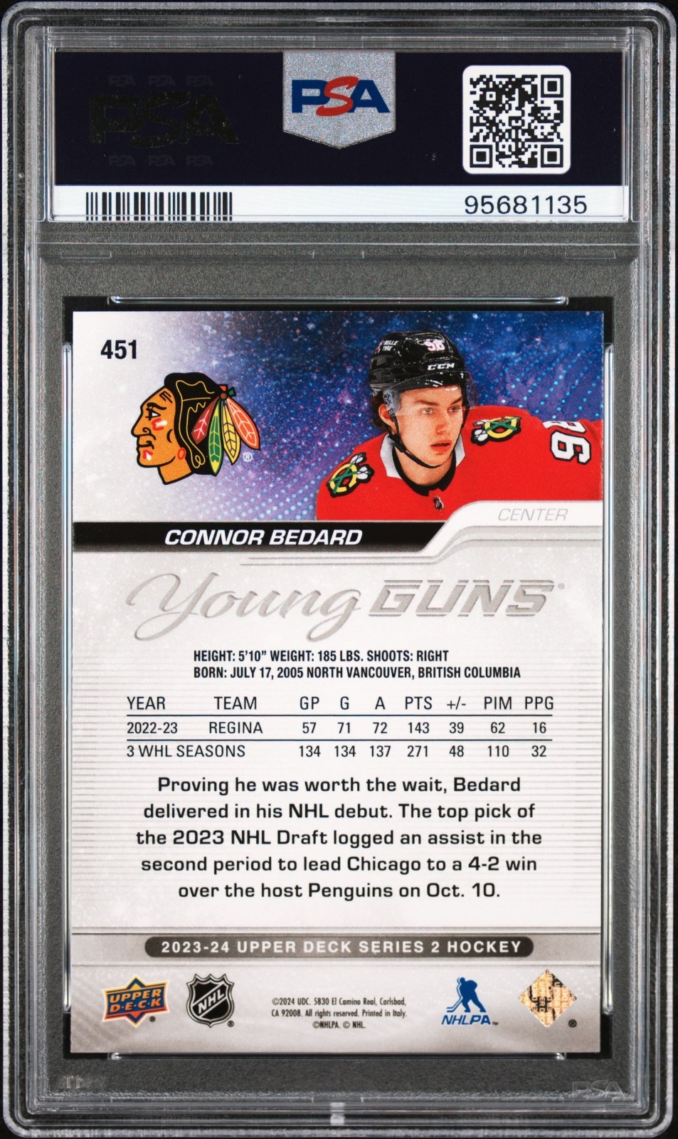 🔥 2023-24 UPPER DECK CONNOR BEDARD #451 YOUNG GUNS ROOKIE RC GEM MINT PSA 10 🔥 view 2