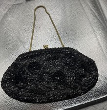 VTG. 60  s/70  s Hand Made Sparkling Black Bead  Sparkling Sequin Evening Bag
