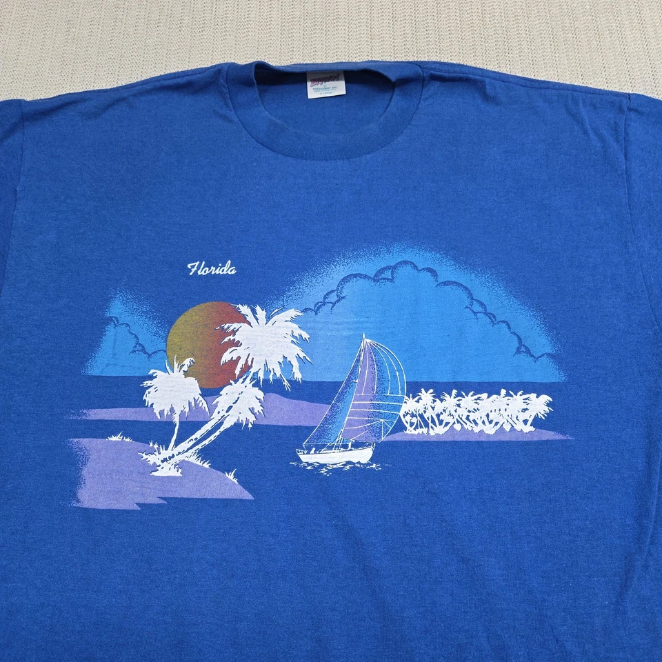 Camisa De Colección Bravo Florida Para Hombres XL Azul Velero Palmera Puesta de Sol Playa Años 80 Camiseta Foto 3 de 4