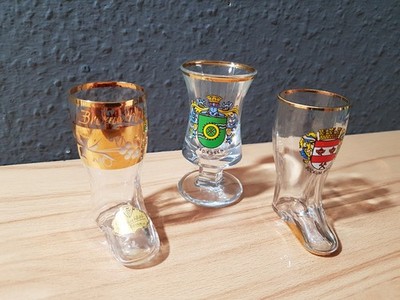 3er Set Vintage Schnapsgläser Stiefel & Fuß Wappen Bad Essen, Bockum Bremerhaven