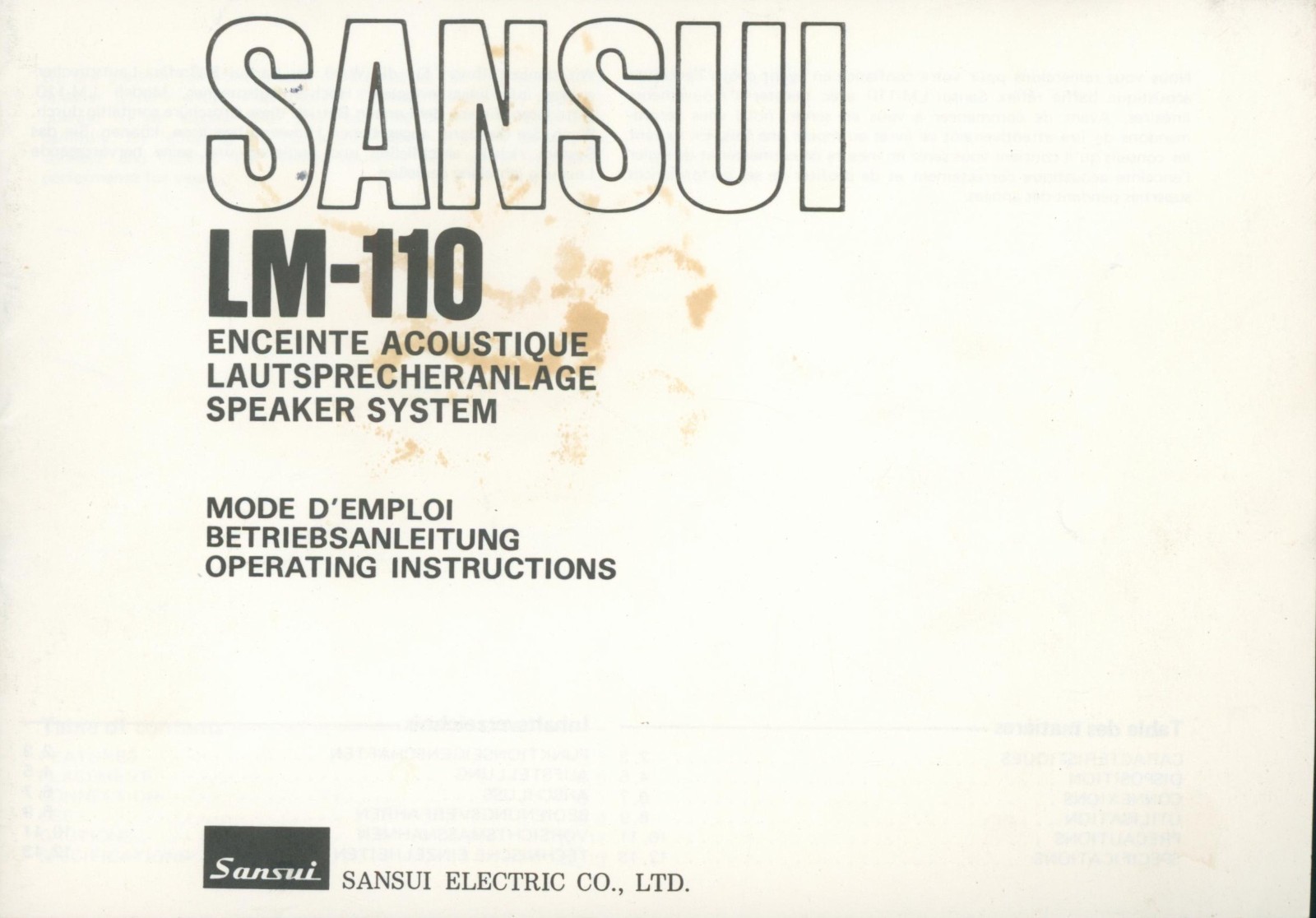 1976 Sansui LM-110 Speaker System Operating Instruction Manual HiFi Stereo Audio