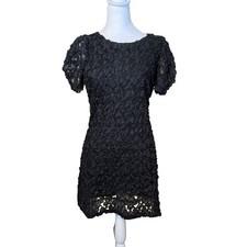 Lulus Always For You Black Puff Sleeve Mini Dress Small Appliqué Flowers Party