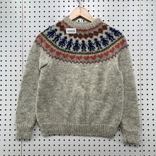 Vintage Wool Nordic Fair Isle Hand Knit Sweater Boy Small Gray Crewneck Pullover