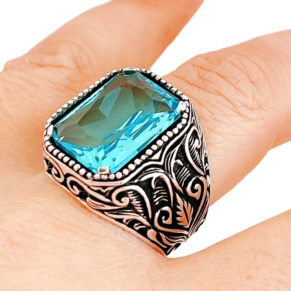 925 Argento Sterling Acqua Marine Zircone Floreale Lusso Design Uomo Anello #2 - Immagine 3 di 4