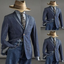 Vintage Denim Men's Suits 2Pcs Party Formal Blazer Cowboy Jackets Hunting Coats
