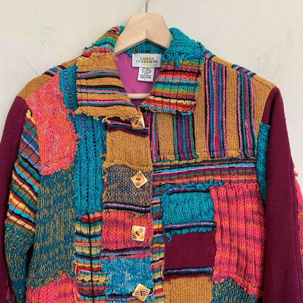 Sandy Starkman Jacket Blue Multi Patch Art Collared Buttons Lined