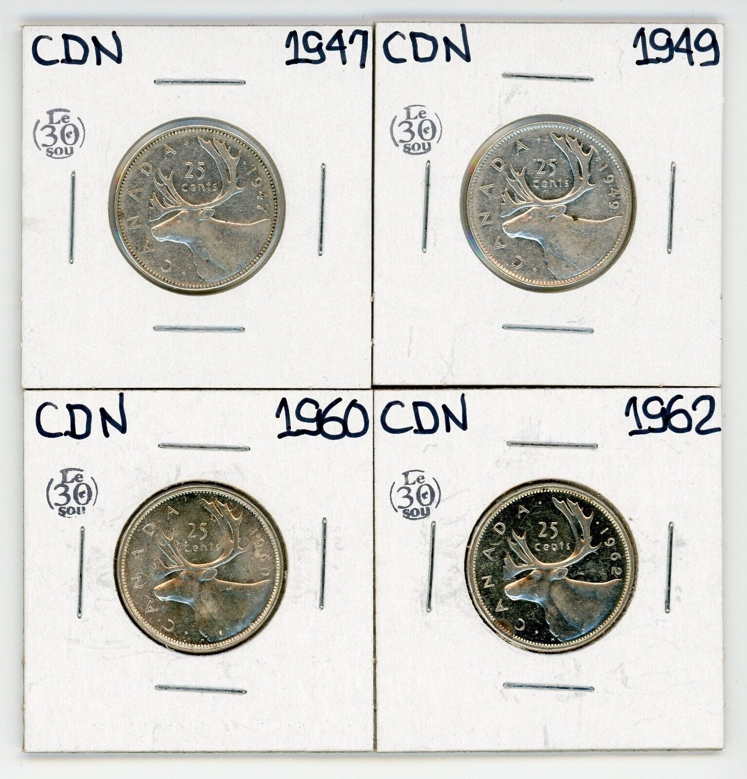 Canada 1947 1949 1960 1962 25 Cents Lot of 4 Silver #21160