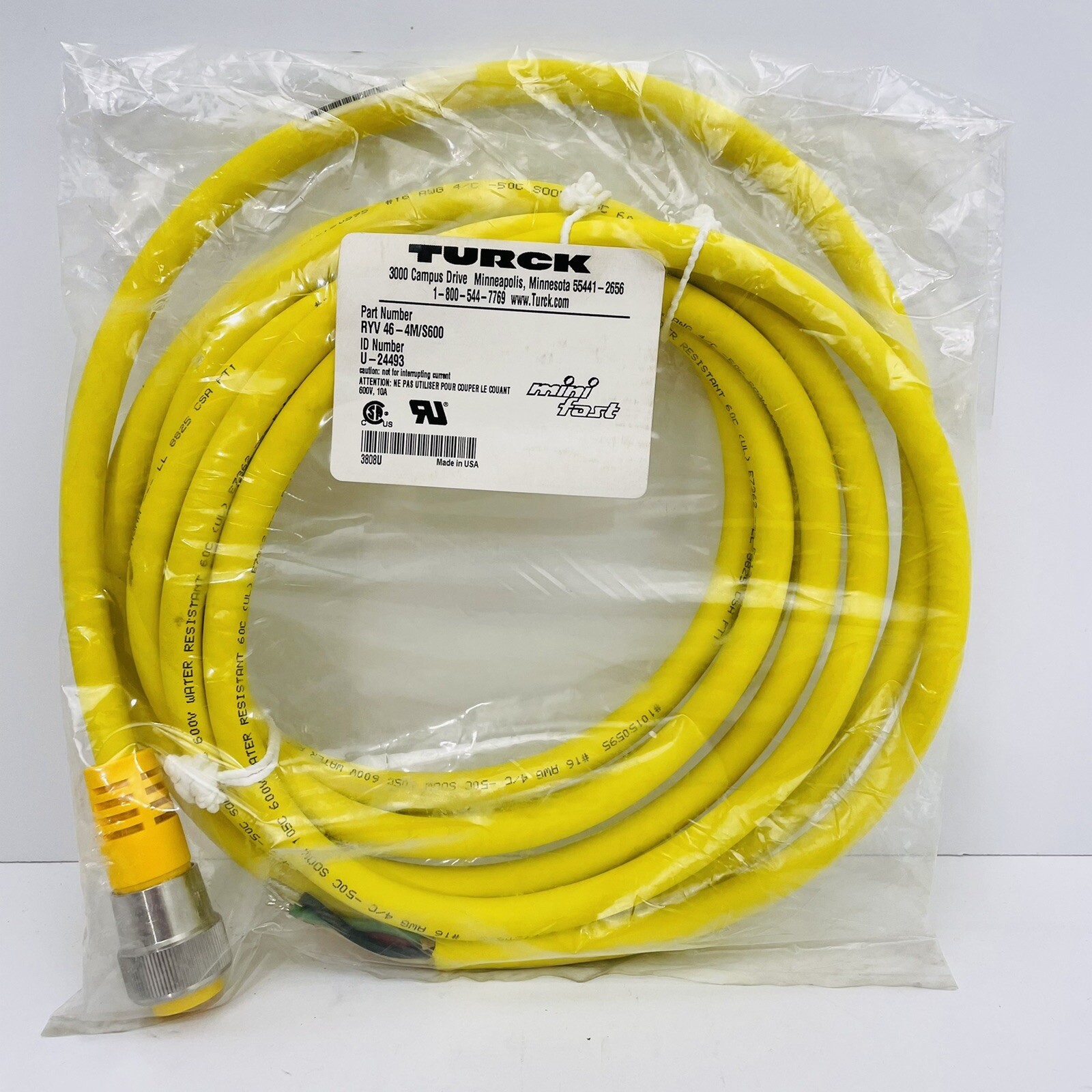 Turck RYV 46-4M/S600 MiniFast Cordset 4-Meters 7/8” Straight Male Connector ~NEW