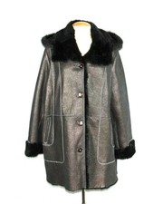 100% Leather Shearling Coat Jacket Collar Black Gold Size 46 Brand New 135