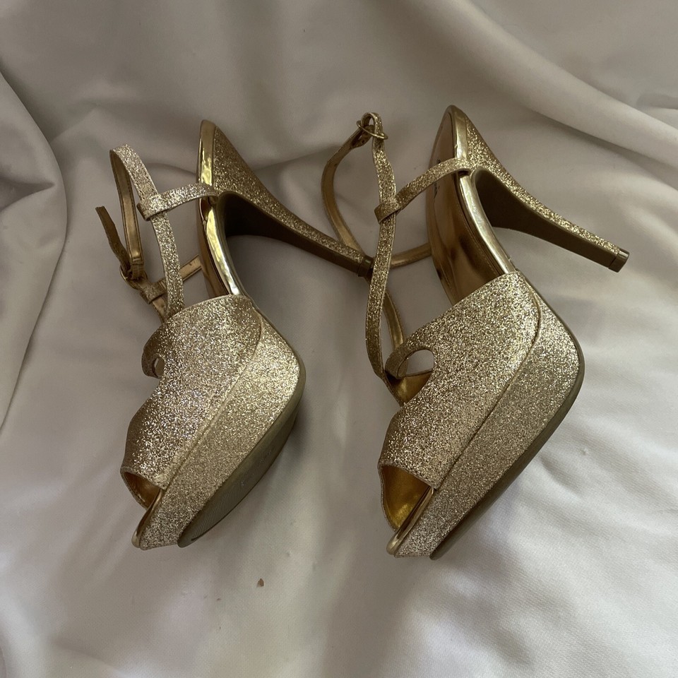 Fioni Womens Gold Glitter Kitten High Heel Shoes Size 11 Strappy Sandal