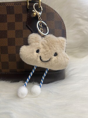 Cloud Pompom Bag Charm Keychain Car Key Fob Plush Beige Tan Gift New Handmade