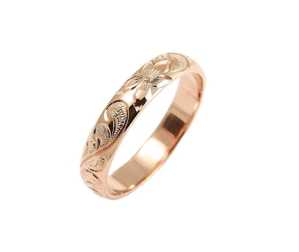 ANILLO BANDA PERGAMINO REINA PLUMERIA HAWAIANA GRABADO A MANO PERSONALIZADO ORO ROSA 14K 4 MM Foto 3 de 4