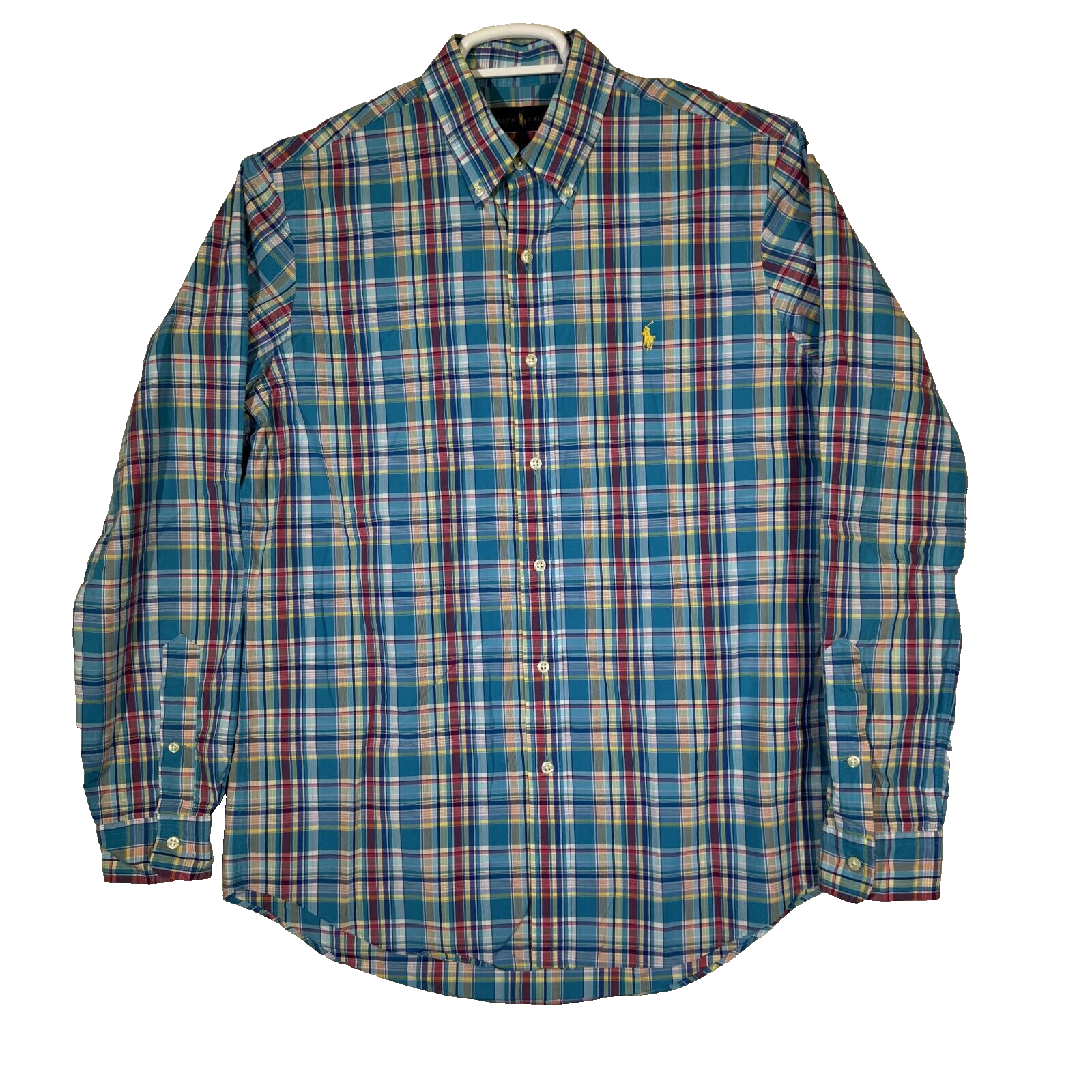 PONY Camicia uomo Ralph Lauren blu medio a quadri 100% cotone casual con bottoni M845