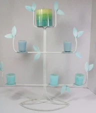 Metal 20 inches x 19 inches white & light blue candleholder holds 6 candles