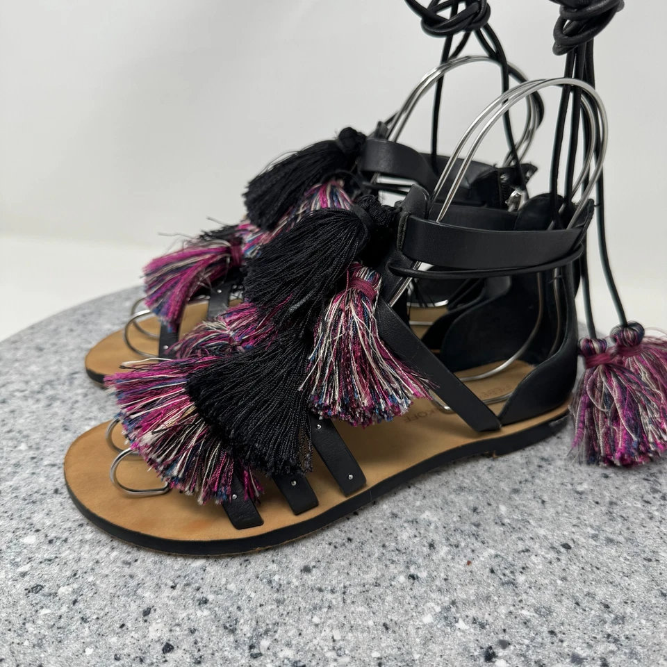 Rebecca Minkoff Sandals Womens 6 Elisha Black Leather Pink Tassels Lace Up Shoes - Image 4 of 4