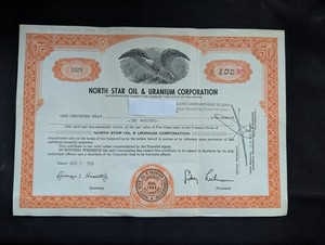 Vintage 100 Share Of North Star Oil And Uanium Company Stock Certificate.