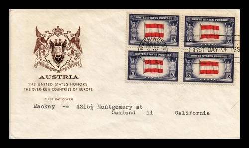 US COVER AUSTRIA OVERRUN COUNTRIES FDC SCOTT 919 BLOCK OF 4 HOUSE OF FARNAM