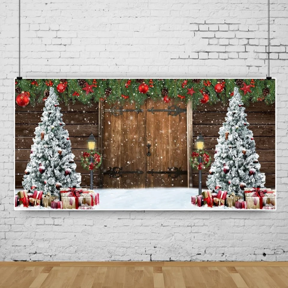 Telón de fondo de fotografía de Navidad de 20x10 pies rústico puerta de madera de granero regalos de árbol de Navidad... Foto 2 de 4