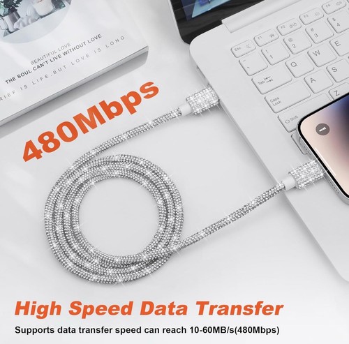 Vofolen USB C To USB Charger Cable Silver Diamond Glitter Bling 66W/6A NEW - 第 3/7 張圖片