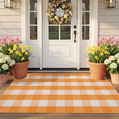 Spring Yellow and White Plaid Rug, 3' x 5' Cotton Blend Layered Doormat